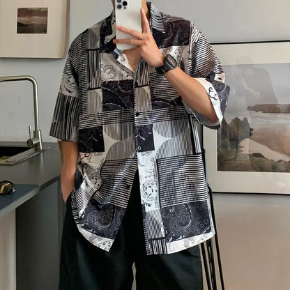 Chemise décontractée à manches courtes pour hommes, rétro artistique, style Hong Kong, imprimé à carreaux rayé, revers respirant, polyvalent, été