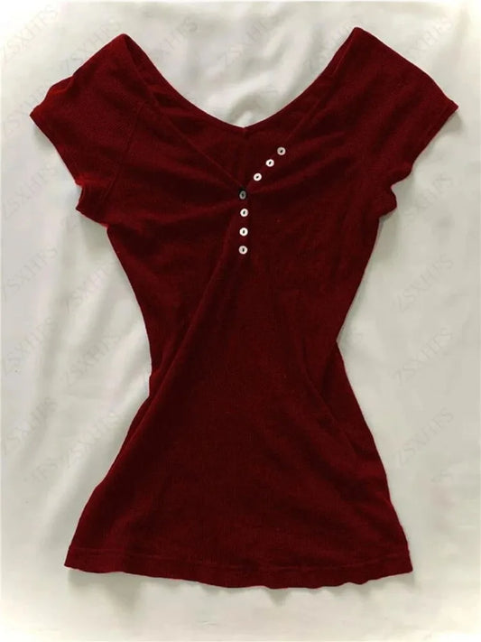 Harajuku Y2k T-shirt Femme Slim Rouge T-shirt Corée Chemises À Manches Courtes Vintage années 2000 Femme Récolte Hauts Esthétique Doux Fille Graphique