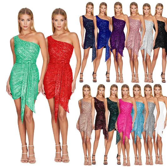 Robe d'été sexy pour femmes, asymétrique épaule dénudée, paillettes, robes de soirée d'anniversaire, robes de soirée élégantes, robe de bal de cocktail, X99