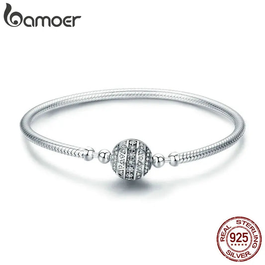 Bamoer 100% 925 argent Sterling éblouissant clair CZ fermoir rond serpent chaîne fleur fermoir Bracelet bijoux fins SCB062