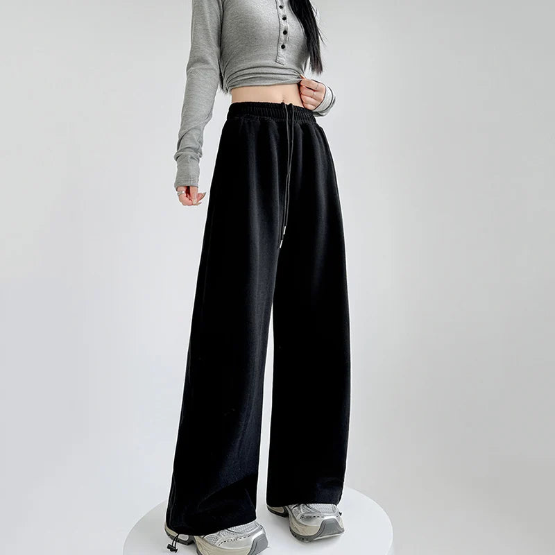 Pantalon de survêtement taille haute pour femme, noir et gris, taille élastique, jambes larges, confortable, droit, ample, Sport, printemps automne
