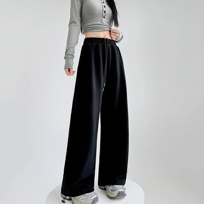 Pantalon de survêtement taille haute pour femme, noir et gris, taille élastique, jambes larges, confortable, droit, ample, Sport, printemps automne