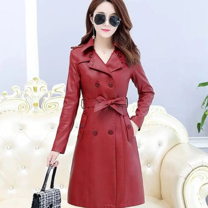 Veste en cuir d'agneau composé pour femme, manteau en fausse fourrure, trench long, lavage gratuit, vêtements en PU, Streetwear, Top, 138