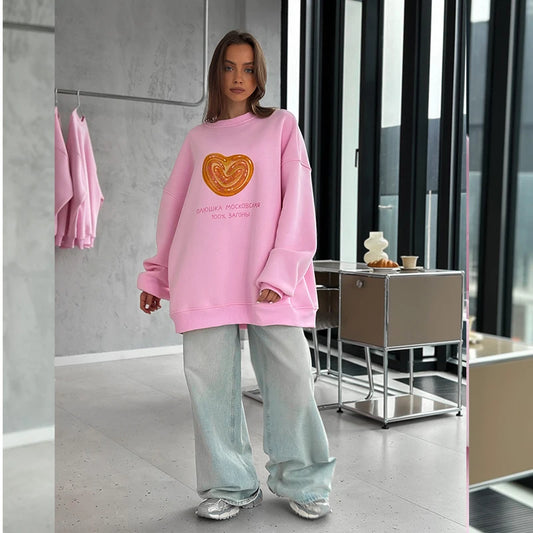 Sweat-shirt à col rond pour femme, imprimé gâteau de moscou, rose, fin, manches longues, Style russe, ample, mode coréenne, automne 2025