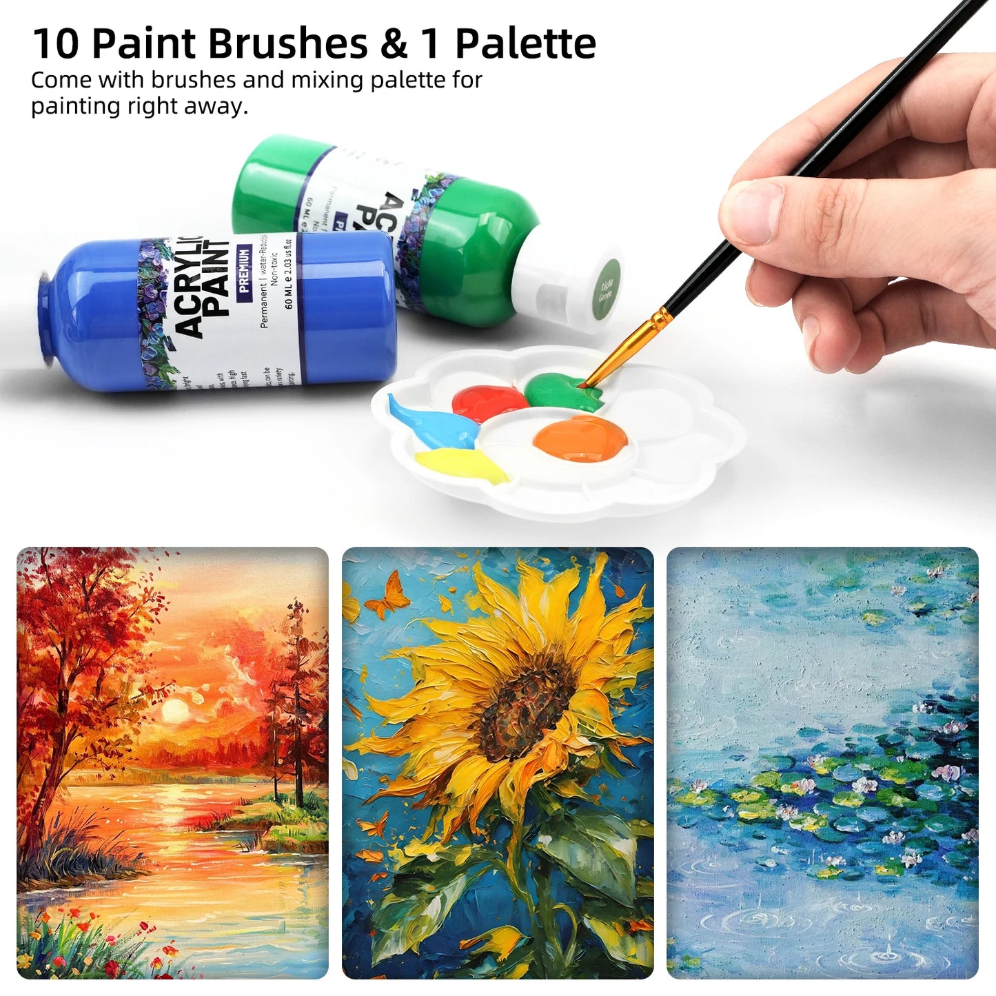 Ensemble de peinture acrylique avec 10 pinceaux, 24 couleurs (60ml, 2 US fl oz), artisanat d'art pour Halloween, citrouille, peinture céramique, Kit de fournitures d'art