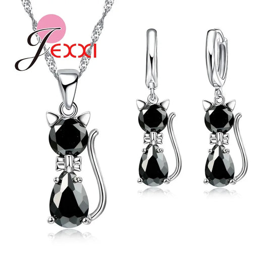Ensembles de bijoux en argent pour femmes, livraison rapide, fiançailles romantiques, chat mignon, collier, boucles d'oreilles avec cristal autrichien