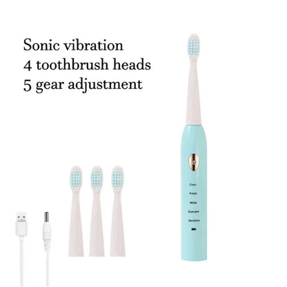 Brosse à dents électrique sonique, cheveux doux, étanche IPX7, Mode 5 vitesses, minuterie de blanchiment, chargement USB, pour adultes, 4 couleurs