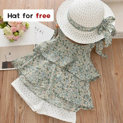 BEAR LEADER-Ensemble de vêtements pour filles, tenue d'été en mousseline de soie, motif floral, col licou + short brodé, en paille, pour enfants, 2023
