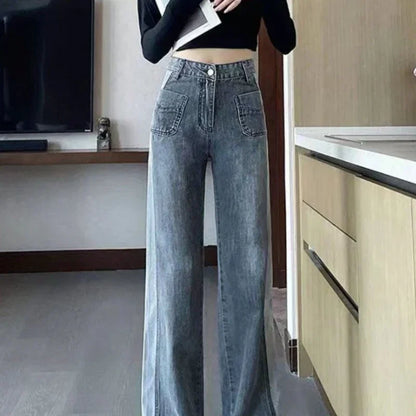 Jean Gris avec Poches pour Femme, Pantalon Taille Haute, Jambes Droites, FjStreetwear des Années 90, Chic et Élégant, Bon Marché