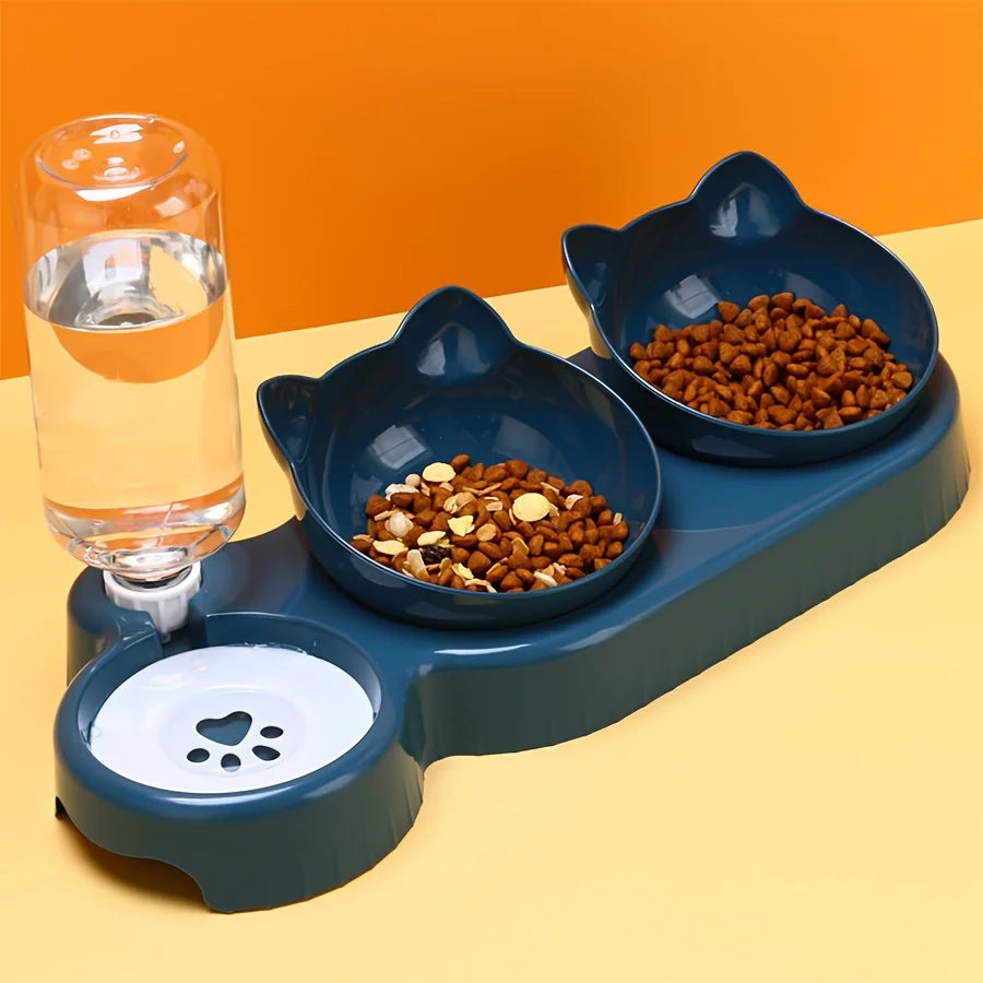 Ensemble de bols à eau et à nourriture pour animaux de compagnie avec mangeoire, conception d'oreille inclinée, bouteille d'eau par gravité pour la protection du cou, 3 en 1