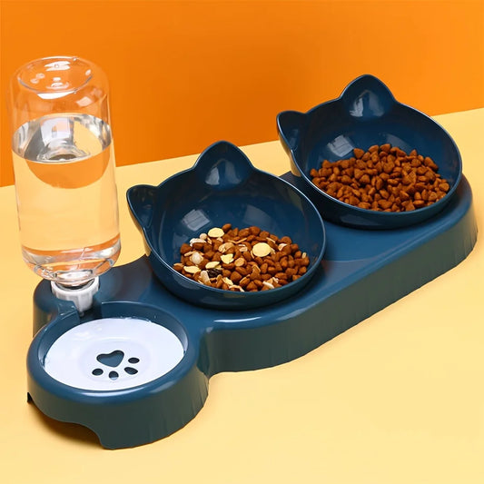Ensemble de bols à eau et à nourriture pour animaux de compagnie avec mangeoire, conception d'oreille inclinée, bouteille d'eau par gravité pour la protection du cou, 3 en 1