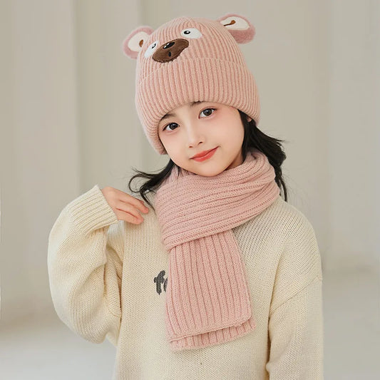 Ensemble chapeau et écharpe brodés ours pour enfants de 3 à 12 ans, mignon et polyvalent, adapté aux garçons et aux filles, automne et hiver, 2 pièces