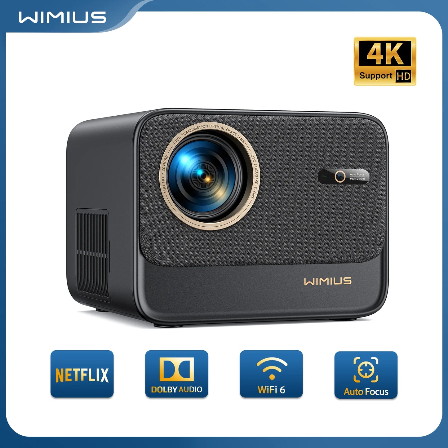 Wimius projecteur 4k 30000Lumens Netflix mise au point automatique officiellement/Keystone FHD 1080p WIFI 6 Bluetooth prise en charge Dolby Home cinéma