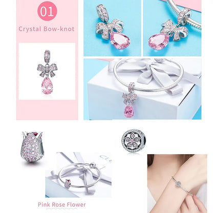 WOSTU 100% 925 argent Sterling rose Zircon cristal perles creux sculpté breloque pour la fabrication de bijoux ajustement Original Bracelet pendentif