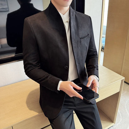 Nouveau Blazer peau de vache velours Version coréenne affaires coupe ajustée costume col montant à la mode costume décontracté veste hommes vêtements formels