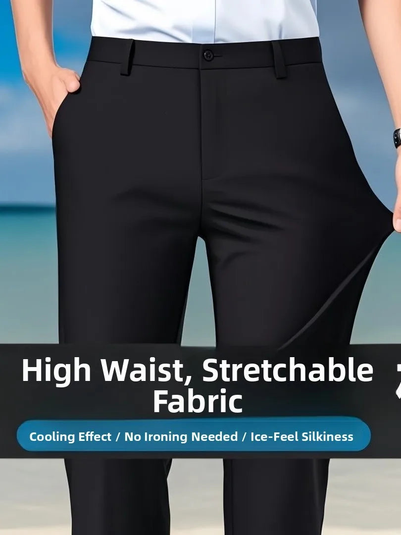 Pantalon pour hommes en soie glacée lisse et soyeuse, Ultra-fin, drapé à haute élasticité, décontracté, ample, jambe droite, Long, pour l'été, tenue de bureau