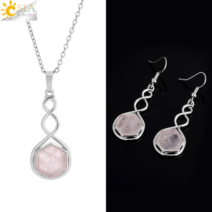 CSAlbaneParure de bijoux en pierre naturelle pour femme, boucles d'oreilles, collier, hexagone, pendentif en cristal, acier inoxydable, accessoires de bijoux, H577
