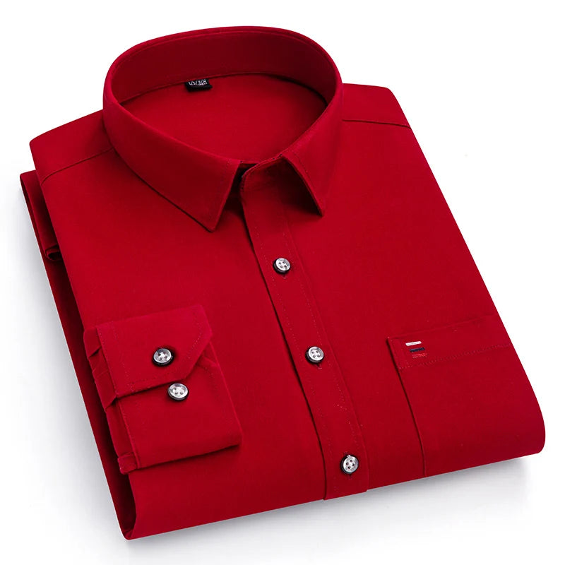 Nouveau 100% pur coton hommes chemises manches longues couleur unie doux coupe régulière chemise décontractée poche Social Blouse hommes vêtements S-7XL