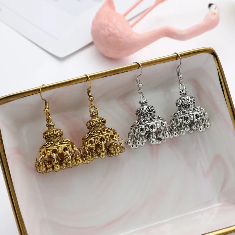Jhumka – boucles d'oreilles tibétaines pour femmes, bijoux en alliage, couleur or argent, cloche oxydée, tribal gitane, pampilles, bijoux indiens