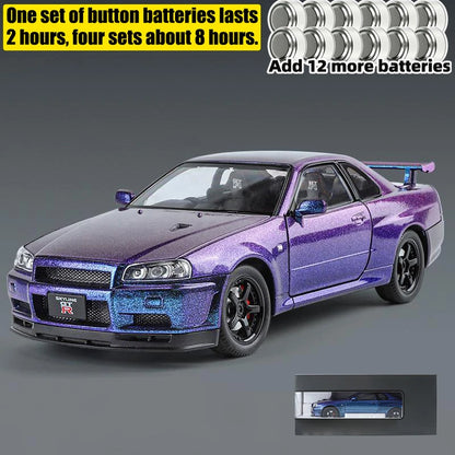 1:24 GTR R34 Skylin Diecast Modèle En Métal De Voiture Son Et Lumière Tirer Supercar Sport Racing Collection Loisirs Vacances Cadeau Garçon