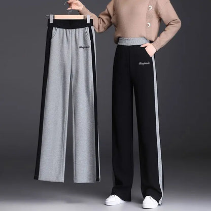 Pantalon de sport taille haute pour femme, mode coréenne, printemps, automne, décontracté, uni, poches brodées, élastique, droit, fjadt, nouveau
