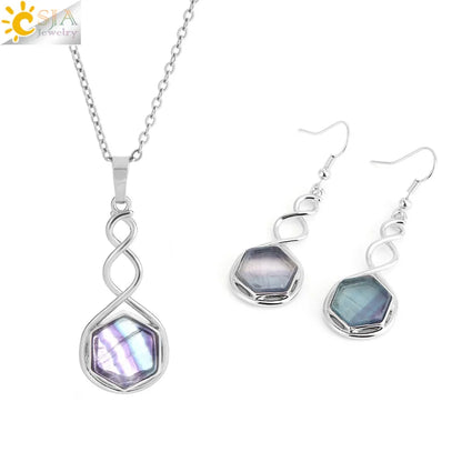 CSAlbaneParure de bijoux en pierre naturelle pour femme, boucles d'oreilles, collier, hexagone, pendentif en cristal, acier inoxydable, accessoires de bijoux, H577