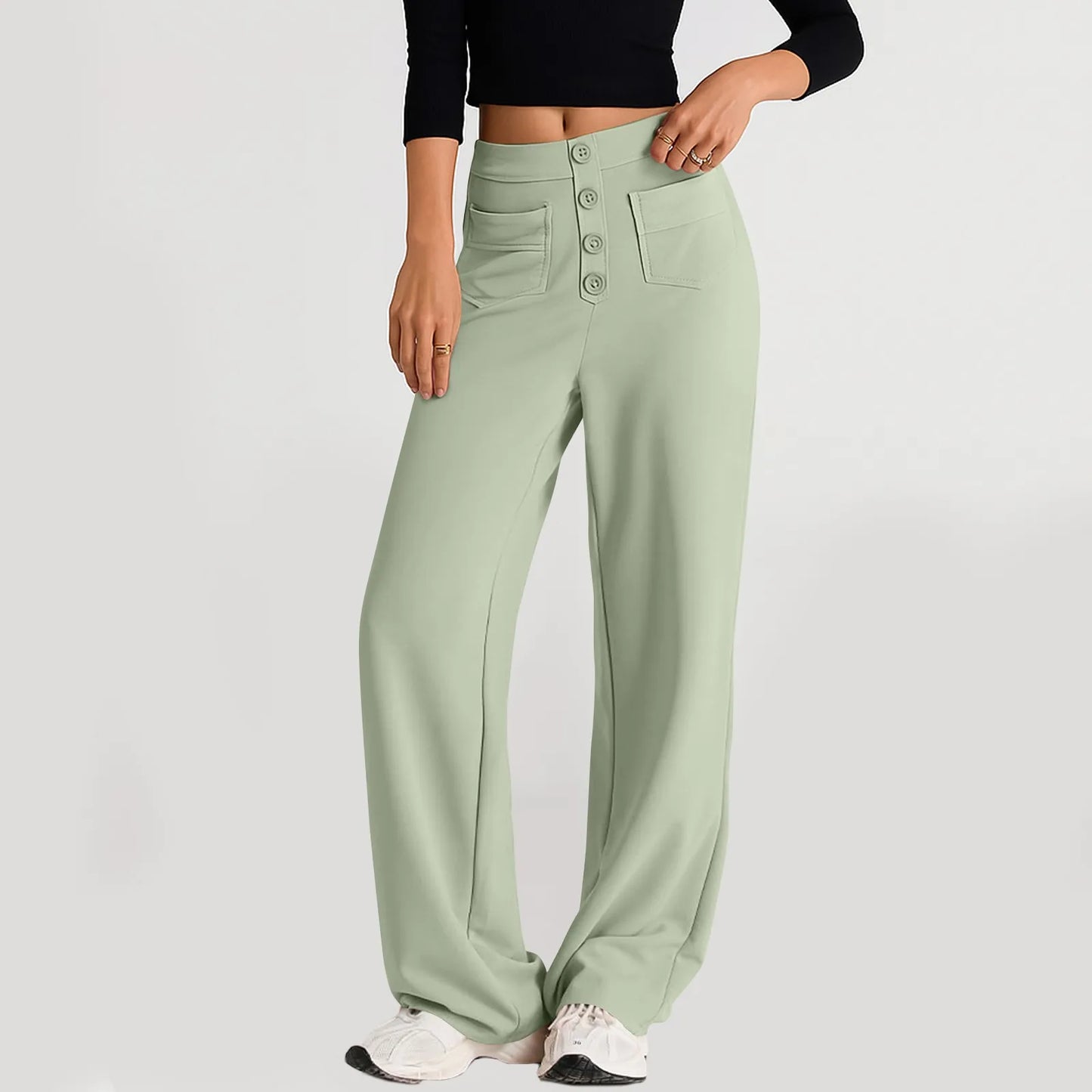 Pantalon à jambes droites pour femmes, classique, Simple, solide, taille haute, mode, poches à boutons, taille élastique, décontracté, nouvelle collection
