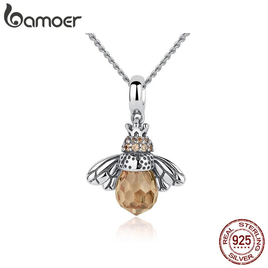 BAMOER 925 en argent Sterling belle abeille Orange insecte pendentif collier pour les femmes 14K plaqué or