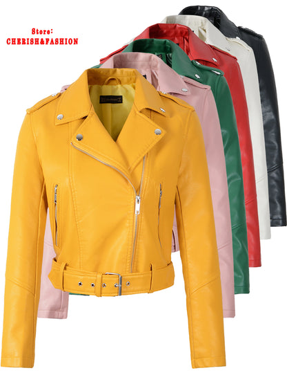 Nouvelle arrivée marque hiver automne vert moto vestes en cuir jaune veste en cuir femmes manteau en cuir mince veste en cuir PU
