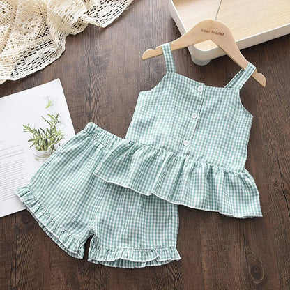 BEAR LEADER-Ensemble de vêtements pour filles, tenue d'été en mousseline de soie, motif floral, col licou + short brodé, en paille, pour enfants, 2023