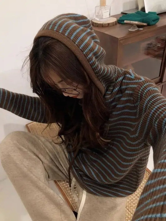 2025 nouveaux hauts large décontracté coréen à capuche rayé mode pull vêtements chauds femmes automne et hiver à capuche