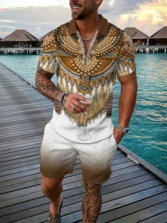 Polo et short College en 3D pour hommes, motif ethnique rétro, fermeture éclair, vêtements de rue décontractés, mode, nouveau, 2 pièces