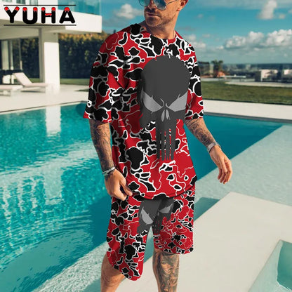YUHA – ensemble t-shirt manches courtes pour hommes, vêtements d'été pour hommes, impression de squelette Terrible en 3D, Short décontracté, survêtement masculin 2 pièces, nouvelle collection