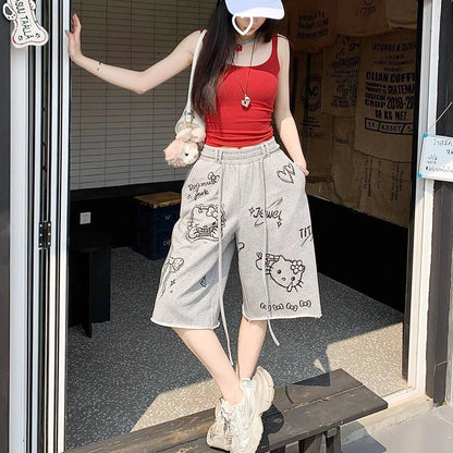 Kawaii femmes Hello Kitty pantalons décontractés Sanrio dessin animé coton pantalons longs Anime filles étudiant mignon danse pantalons à jambes larges dessiner corde