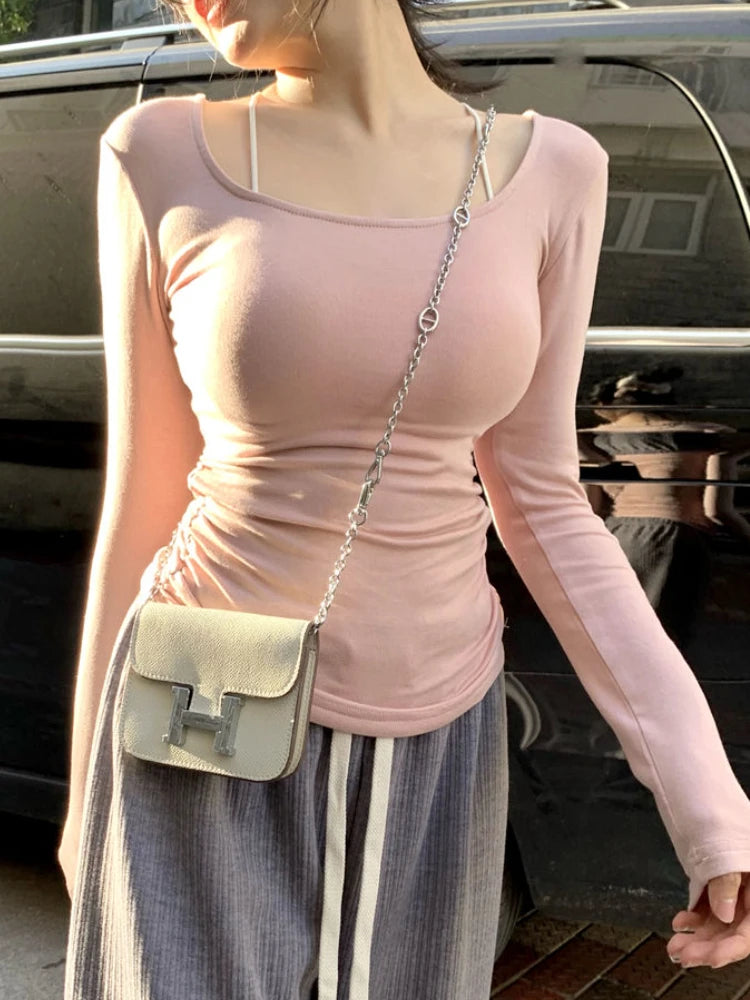 T-shirts Slim femmes à manches longues rose hauts solide Hotsweet Ins mode coréenne vêtements automne nouveau décontracté Simple Sexy collège filles