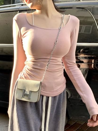 T-shirts Slim femmes à manches longues rose hauts solide Hotsweet Ins mode coréenne vêtements automne nouveau décontracté Simple Sexy collège filles
