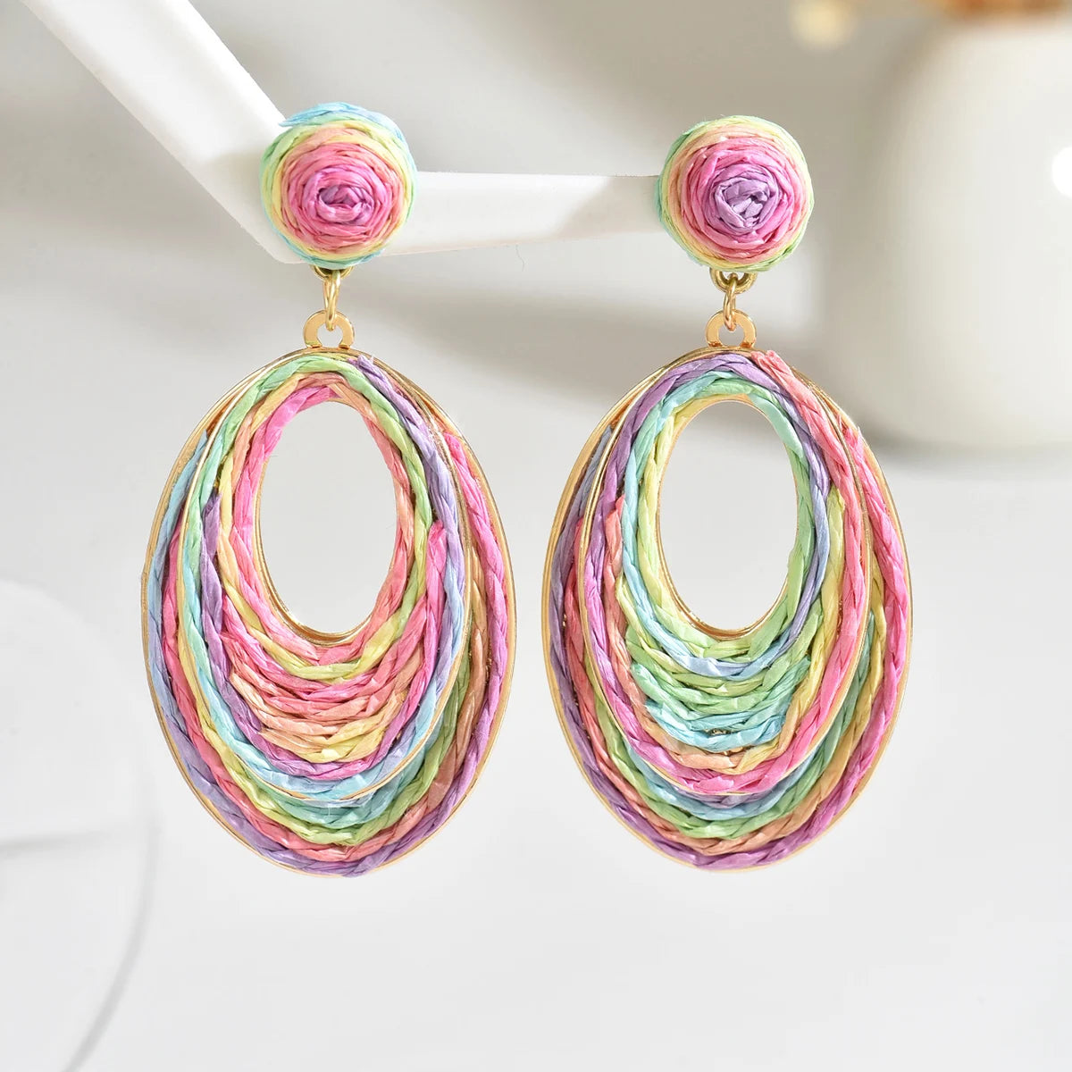 Boho tendance fait à la main Double couche ovale en raphia boucles d'oreilles pour les femmes élégant rotin tricot boucles d'oreilles bijoux d'été cadeaux