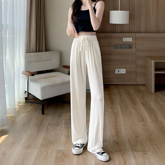 Pantalon droit en soie glacée pour femme, mode, taille haute, jambes larges, couleur unie, sensation d'affaissement, Baggy, décontracté, été
