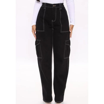 Jean Cargo Américain Taille Haute pour Femme, Pantalon Droit Croisé, Mode Fille, Bleu Clair, Bleu Foncé, Noir, Gris, Denim Fjj