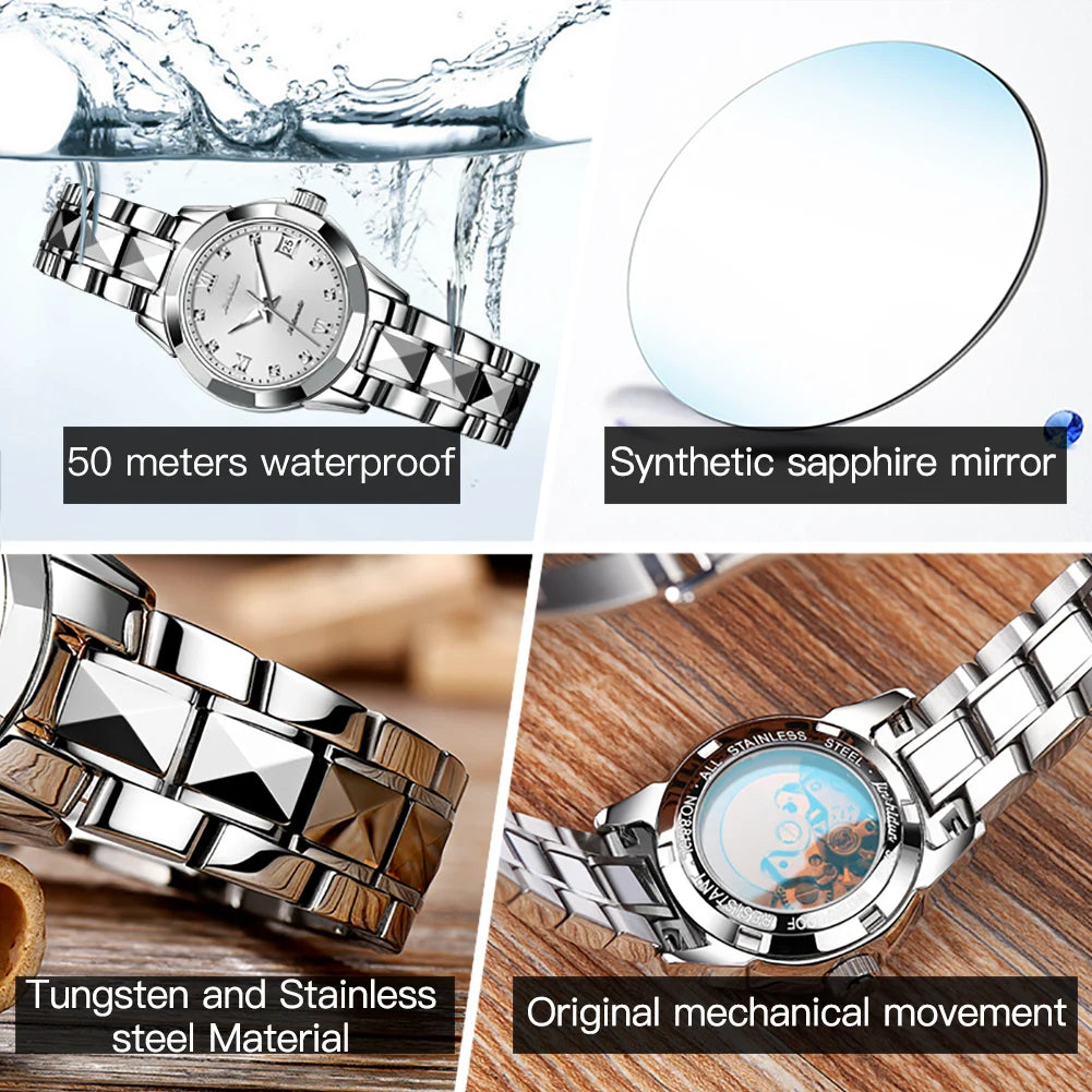 JSDUN nouvelle montre étanche pour femme montre mécanique automatique en acier tungstène de haute qualité pour femme