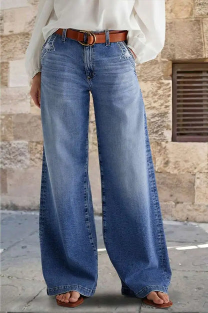 Jean à Jambes Larges pour Femme, Streetwear, Longueur au Sol, Taille Haute, Vintage, DistMurcia, Broderie Délavée, Poches, Denims fjims