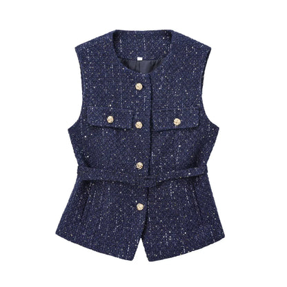 TRAFNLZGMSJ 2025 printemps femmes gilet haut à la mode avec ceinture coupe ajustée sans manches veste haut pour femmes Texture gilet haut nouveau