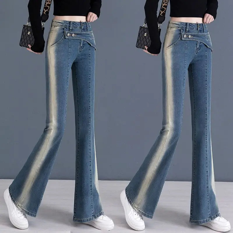 Jean évasé bleu nickel é vintage pour femme, pantalon taille haute, poche complète, polyvalent, simple, décontracté, printemps, automne