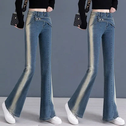 Jean évasé bleu nickel é vintage pour femme, pantalon taille haute, poche complète, polyvalent, simple, décontracté, printemps, automne