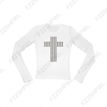 Y2K gothique esthétique femmes col incliné à manches longues T-Shirt Sexy mince Chic haut court Harajuku Rock Punk Hip Hop Hottie Streetwear