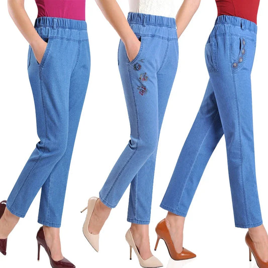 L-5XL Jeans Femme Printemps Été Nouvelle Broderie Neuf Denim Pantalon Slim Taille Haute artificiel asticité Casual Femmes Cowboy Pantalon H450