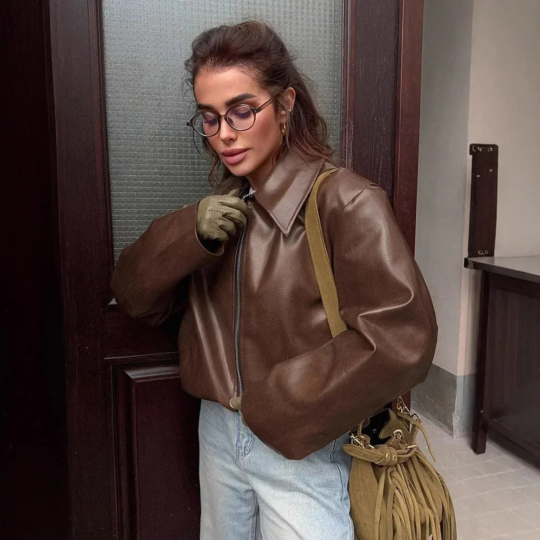 Zekye-Blouson en cuir bordeaux à manches longues pour femme, veste à revers avec fermeture éclair, vêtements de rue, mode printemps été