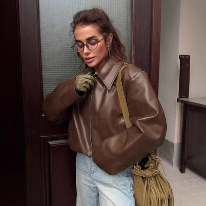Zekye-Blouson en cuir bordeaux à manches longues pour femme, veste à revers avec fermeture éclair, vêtements de rue, mode printemps été