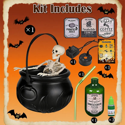 Cauldron de sorcière d'Halloween avec lumière LED et brumisateur de brouillard, décor de squelette pour fête effrayante Hocus Pocus, maison, fête d'Halloween