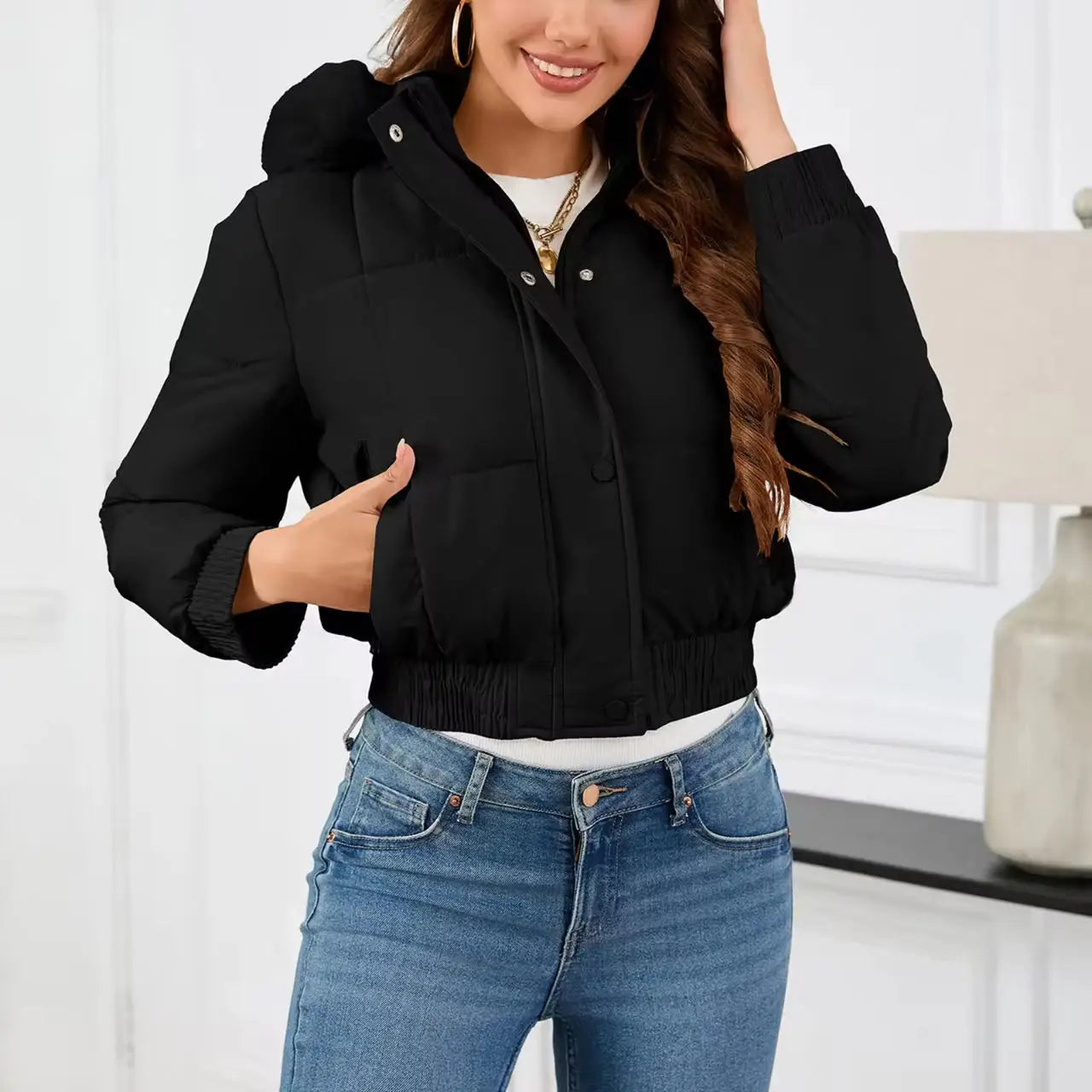 sister fara Doudoune à capuche en coton pour femme, grand col en fourrure